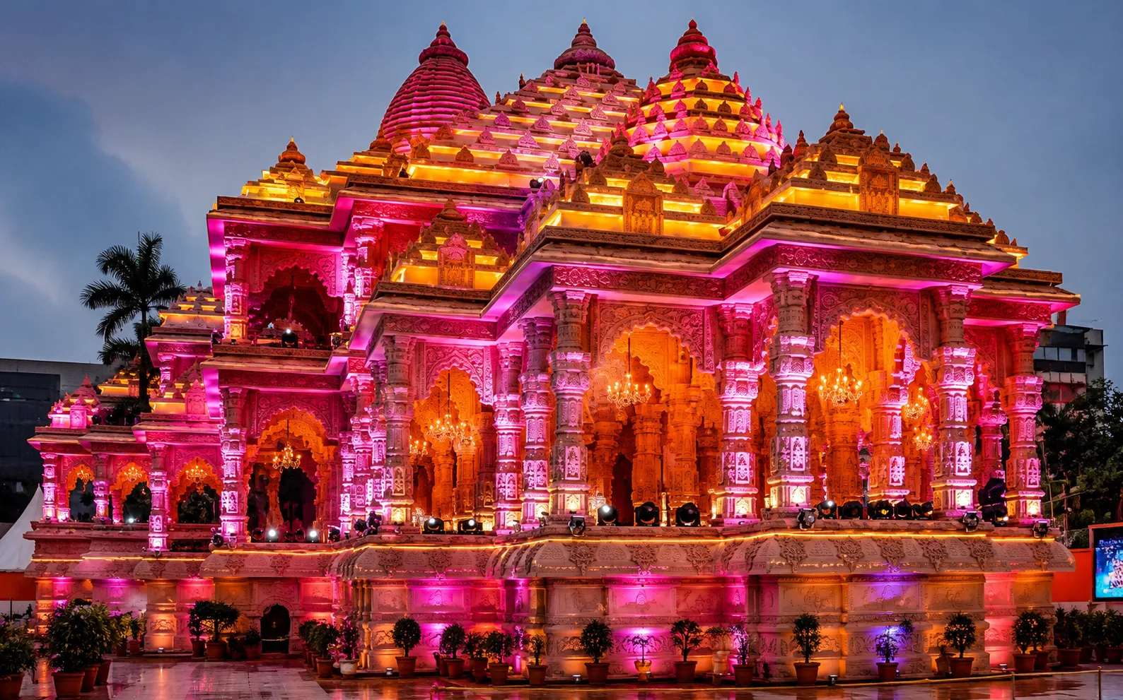 Ayodhya Ram Mandir at night - illuminated temple with dramatic night sky