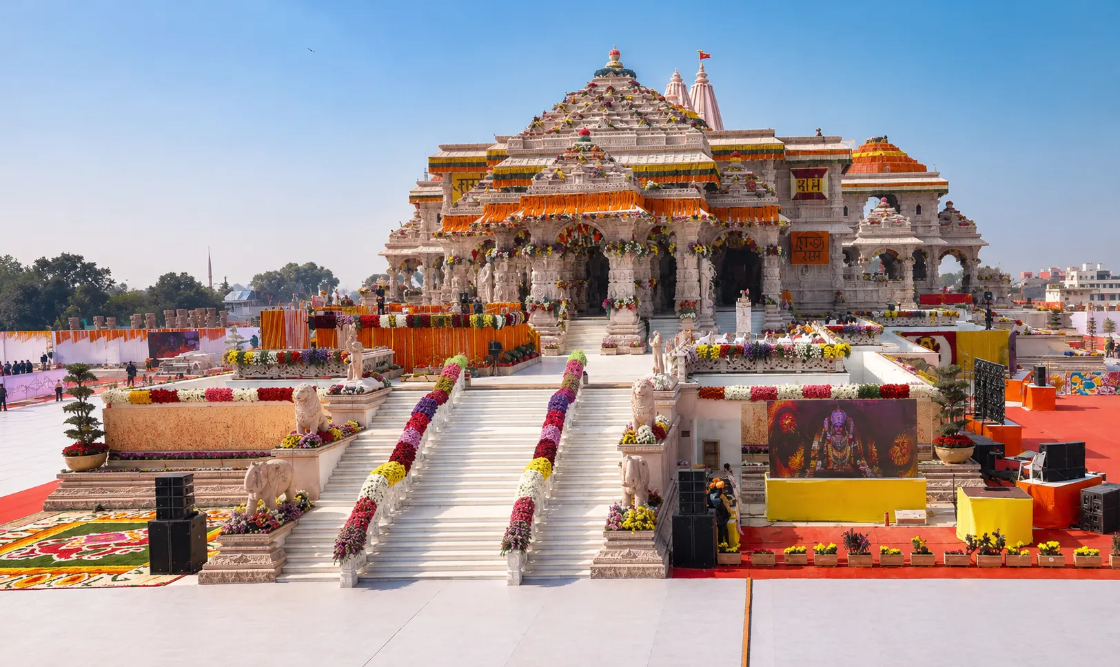 Ayodhya Ram Mandir in daylight - bright golden temple with serene sky